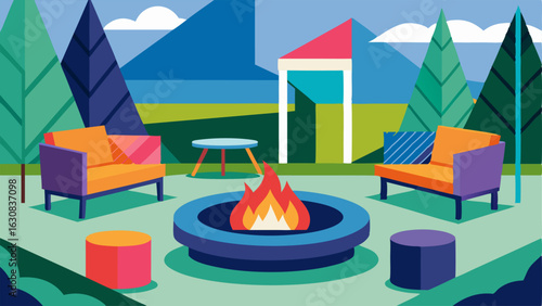 An outdoor patio with a modstyle fire pit and colorful geometric patio furniture.