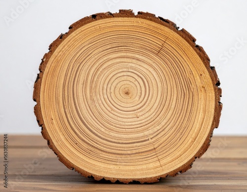 Detailed Wood Log Cross Section Featuring Concentric Growth Rings and Natural Texture on Wooden Surface