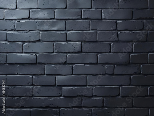 Dark black brick wall with matte texture and even mortar lines illuminated by soft lighting