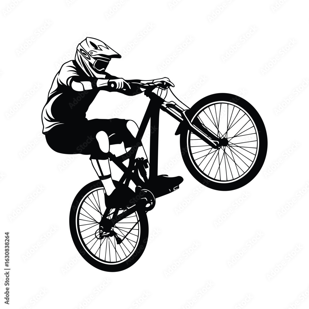 Naklejka premium Vector art of silhouette of a mountain biker performing a wheelie isolated on white background