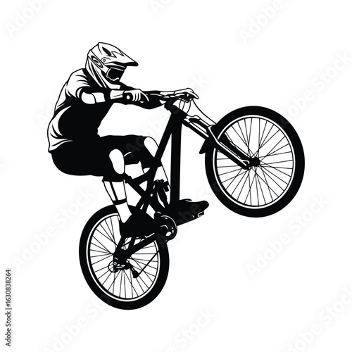 Vector art of silhouette of a mountain biker performing a wheelie isolated on white background