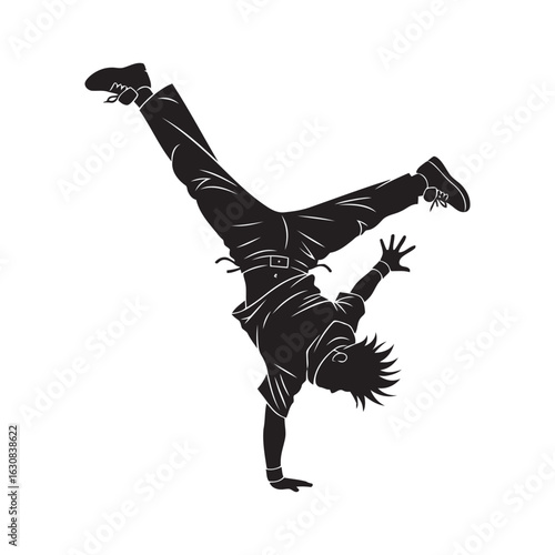 Vector art of silhouette of a breakdancer performing a move isolated on white background