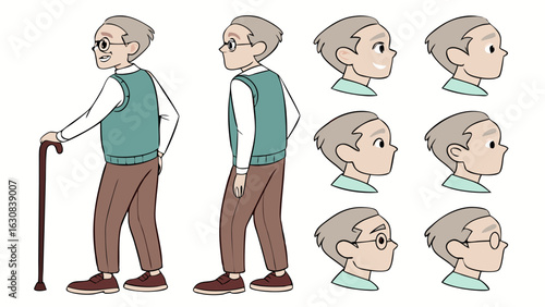 Elderly Man with Walking Cane and Different Head Angles.
