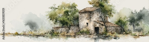 A serene watercolor depicting a rustic house surrounded by lush greenery and reflected in calm waters.