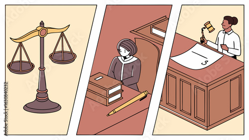 Justice System Judge Scales of Justice and Courtroom Scene.