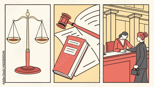 Justice System Stages Scales Gavel and Client Interaction.