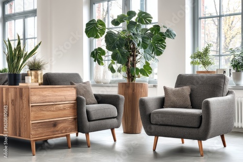 Modern living room with gray armchairs, wooden chest, and large plants