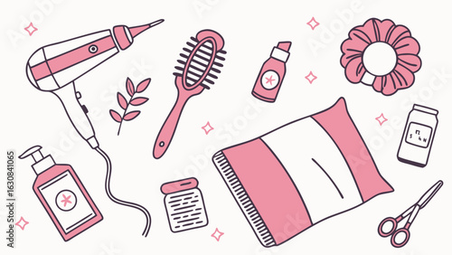 Pink Hair Care and Beauty Supplies Set.