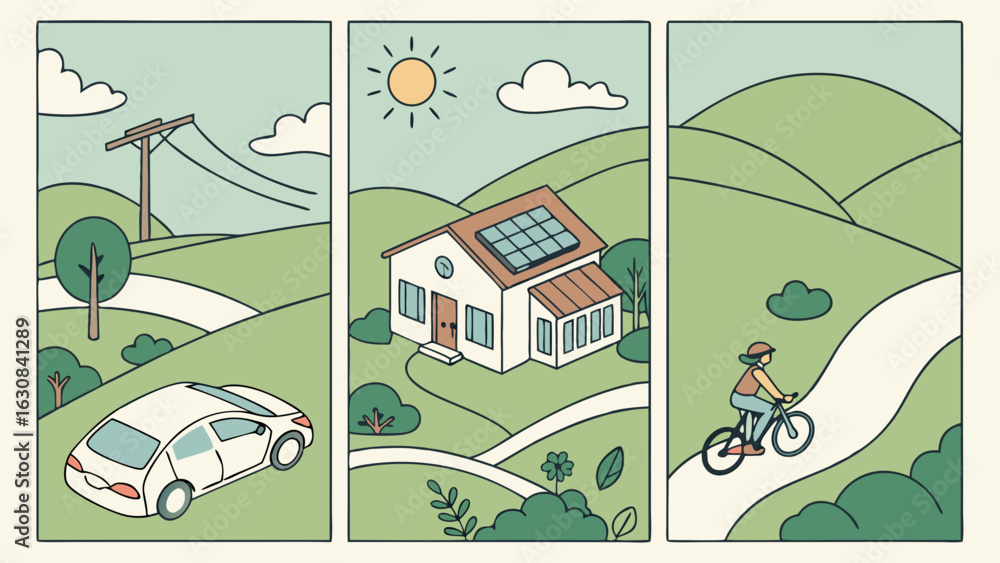 Naklejka premium Rural Landscape with Sustainable Home and Outdoor Activities.