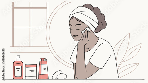 Woman Applying Facial Cleanser in Front of a Mirror.