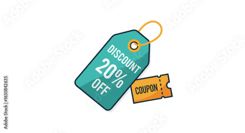 Illustration of a turquoise discount tag showing twenty percent off with a yellow coupon next to it