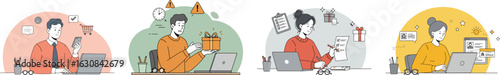 Multi-panel illustration of professionals engaged in work-related activities with themed backgrounds