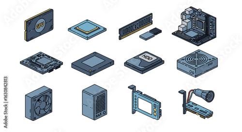 Isometric illustration showcasing various computer hardware components in a structured layout