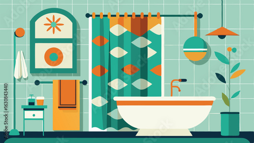 A modern bathroom with minimalistic Scandinavian fixtures and a pop of retro flair in the form of a patterned shower curtain.