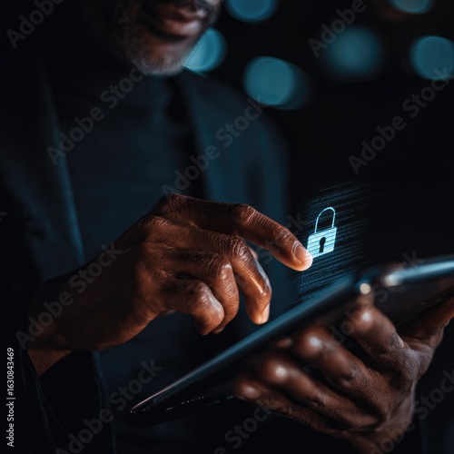 Close-up of dark-skinned person using tablet, security lock graphic