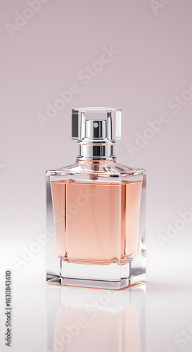 Elegant glass perfume bottle with a rose-colored fragrance, isolated on a soft pastel background with a clear reflection.