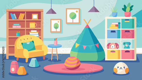 A playroom with a mix of bright plush bean bag chairs a patterned teepee and shelves filled with toys and games in different colors and styles.