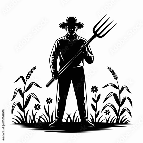 Farmer with Pitchfork in Field Illustration