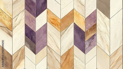 Vibrant Chevron Pattern of Textured Marble and Stone Tiles in Purple, Gold, and Cream Hues