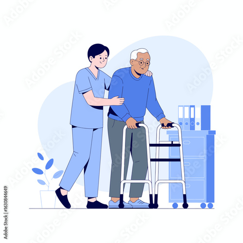 Supportive Caregiver Assisting Elderly Patient with Walker