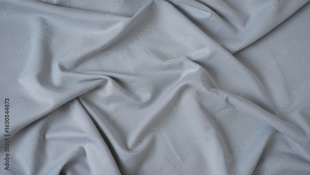 Obraz premium Top-down view of a soft light grey fabric with drapes and folds, creating a simple abstract background. 