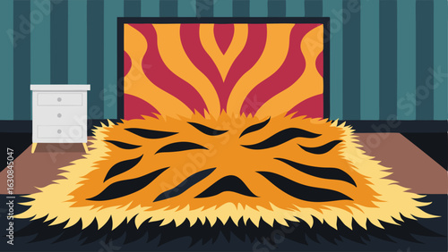 A plush faux fur rug in a bold animal print adding a touch of drama and luxury to a sleek modern bedroom.