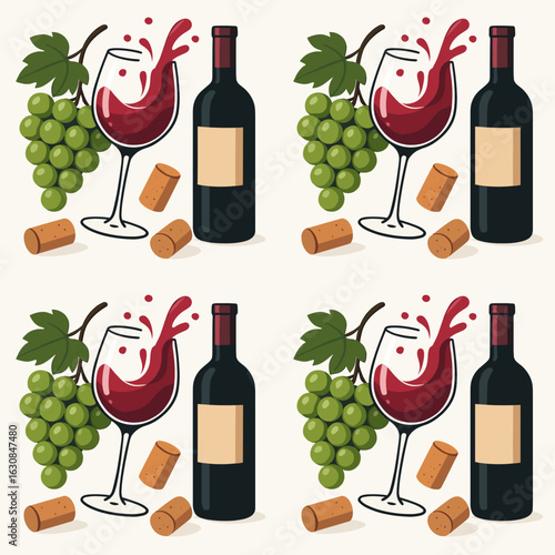 Wine seamless pattern with wine bottle, splashing wine glass, grapes and wooden corks, vector illustration on white background for print and design 

