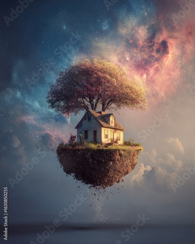 Small, pale house on floating island, surrounded by clouds, cosmic backdrop