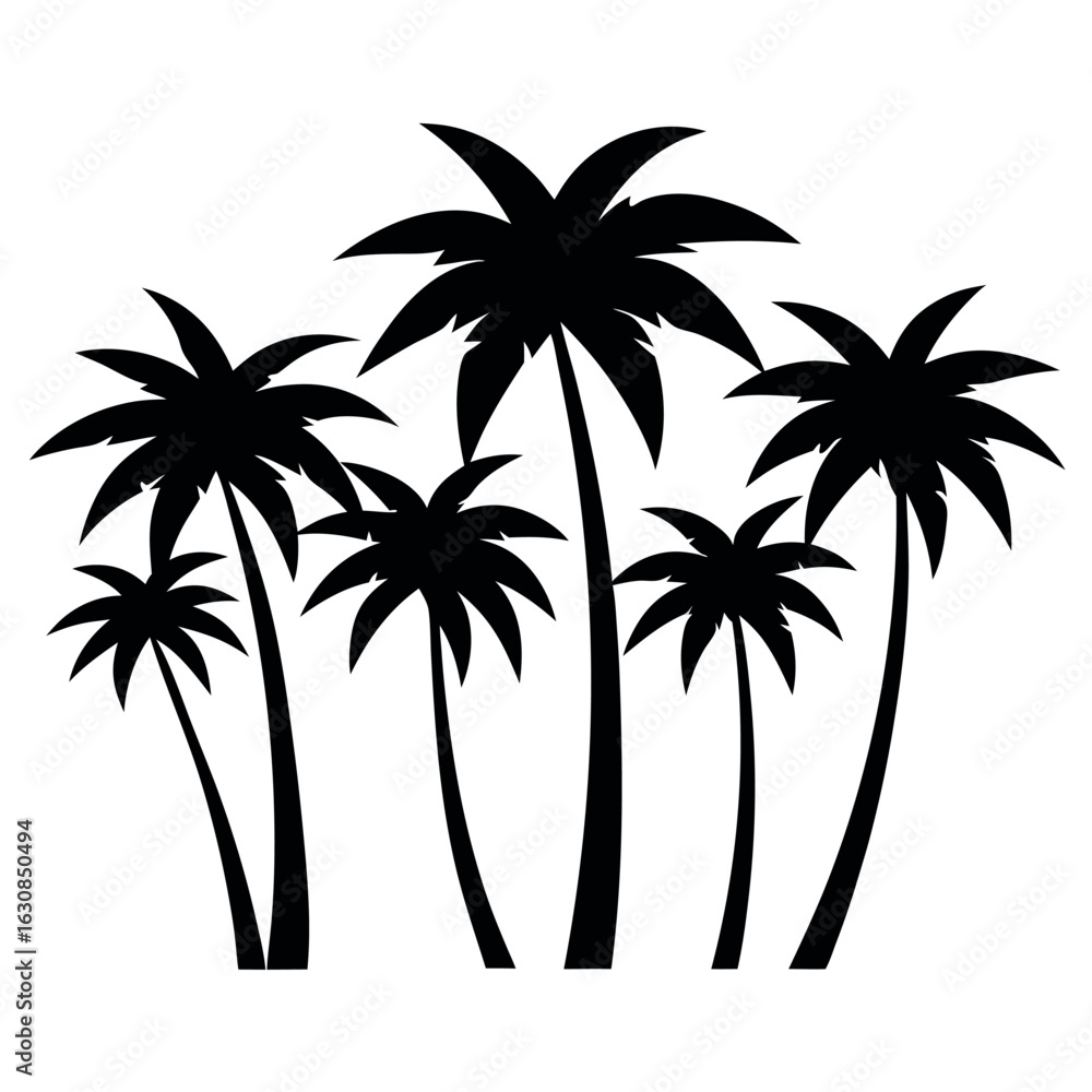 Fototapeta premium Tropical Oasis Silhouette: An array of stylized palm trees reaches towards the sky, with their intricate fronds creating a striking silhouette, capturing the essence of a tropical paradise.