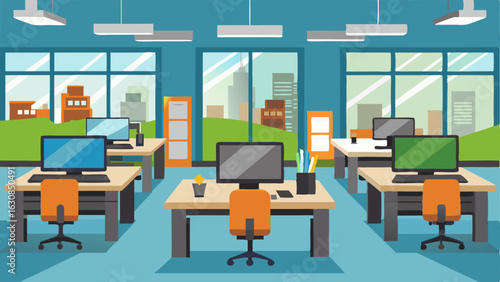 A modern and wellequipped business center with desks and computer stations.