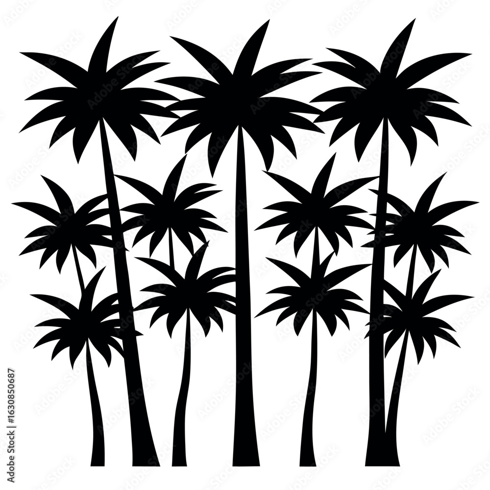 Obraz premium Palm Trees Silhouette: A stark, minimalist silhouette captures the elegance of a collection of palm trees against the vibrant backdrop, evoking a sense of tropical paradise.