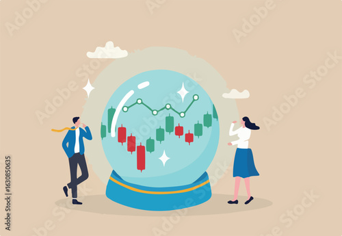 Forecast or prediction, investment opportunity, fortune teller to see stock market or economic direction, trend or business vision concept, business people look at magic sphere future market chart