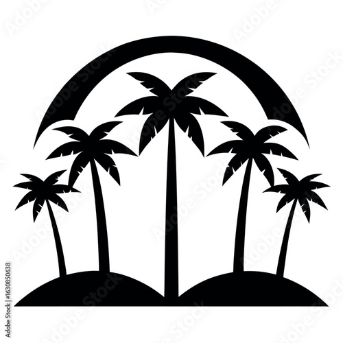 Tropical Silhouette: An artistic silhouette of five towering palm trees gracefully set against a sun or a simplified rainbow, perfect for designs.
