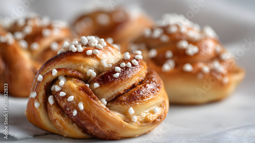 Freshly baked Swedish kanelbullar cinnamon buns with pearl sugar on a light neutral background