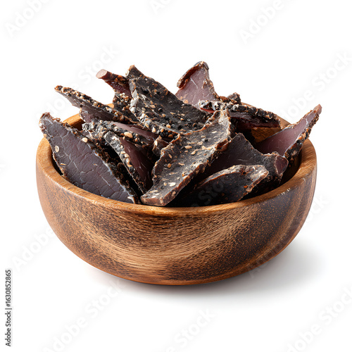 Minimalist biltong presentation in a rustic bowl on a pure white background