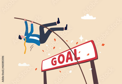 Reach business goal or target, success, achievement or challenge to overcome obstacle and win competition, performance or skill to reach goal, winner concept, businessman pole vault jump reach goal