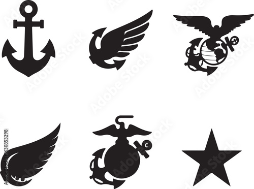Military emblems anchor wings eagle globe star patriotic symbols