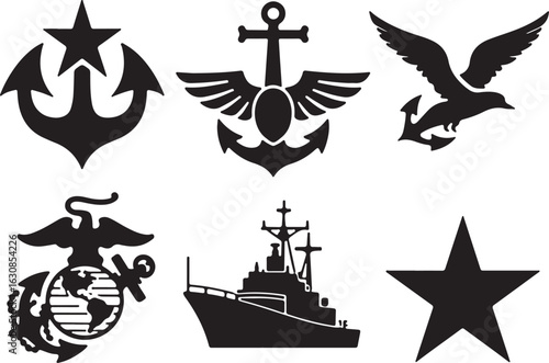 Bold navy emblems and symbols create a striking design asset
