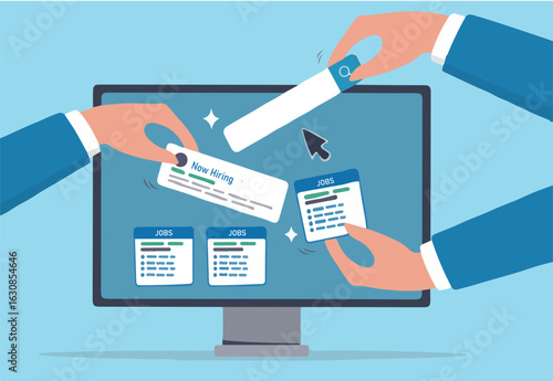 Job posting on recruitment website, employment or career opportunity online, HR or human resource offer help wanted or hiring position vacancy, HR hand posting job vacancy on online career website