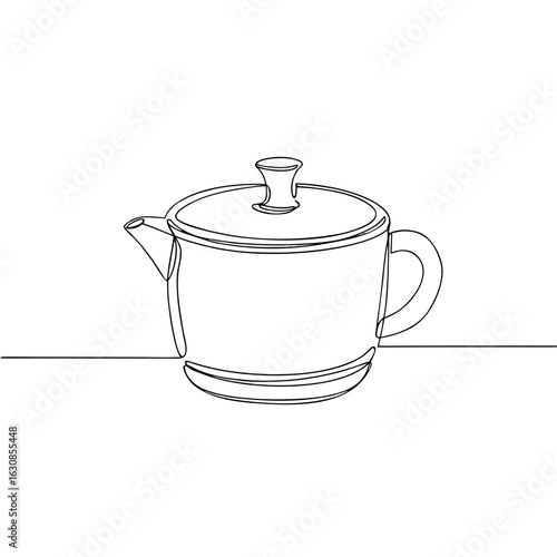 Teapot illustration in continuous line style, black and white, for kitchen themes
