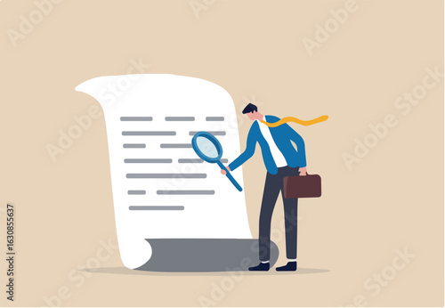 Document checking, agreement or contract validation, financial or budget analysis, search for document files concept, businessman manager holding big magnifying glass checking document paper