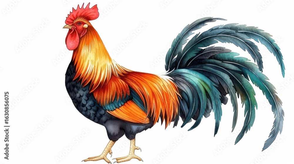Fototapeta premium A vibrant watercolor of a rooster stands out, symbolizing the Chinese Zodiacs essence with elegance and charm.