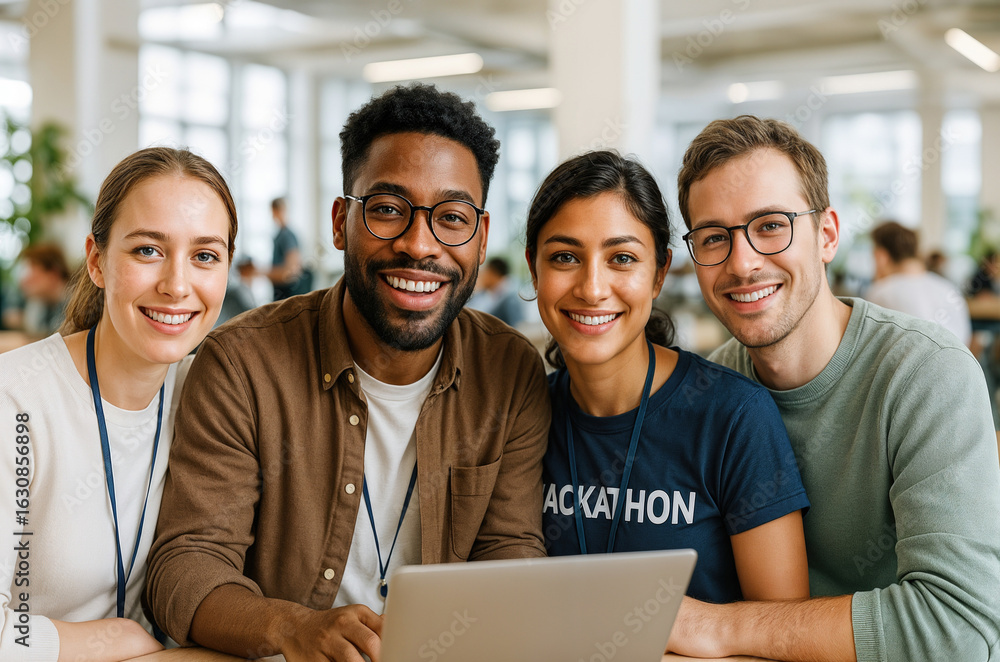 Obraz premium Hackathon Diversity Interracial Group of Four Smiling Young Adults at Event Collaborating on Laptop in Modern Office Setting