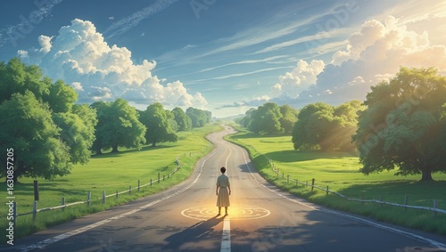 Silhouette of a man standing in front of the empty road surrounded by beautiful nature and cloudscape, representing the choice of different paths in life