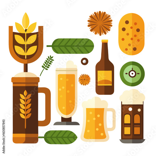 British Beer Vector Set - Pints, Mugs, Bottles, Hops & Barrels - Flat Design PNG