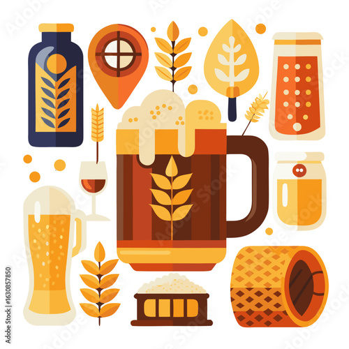 British Beer Vector Set - Pints, Mugs, Bottles, Hops & Barrels - Flat Design PNG