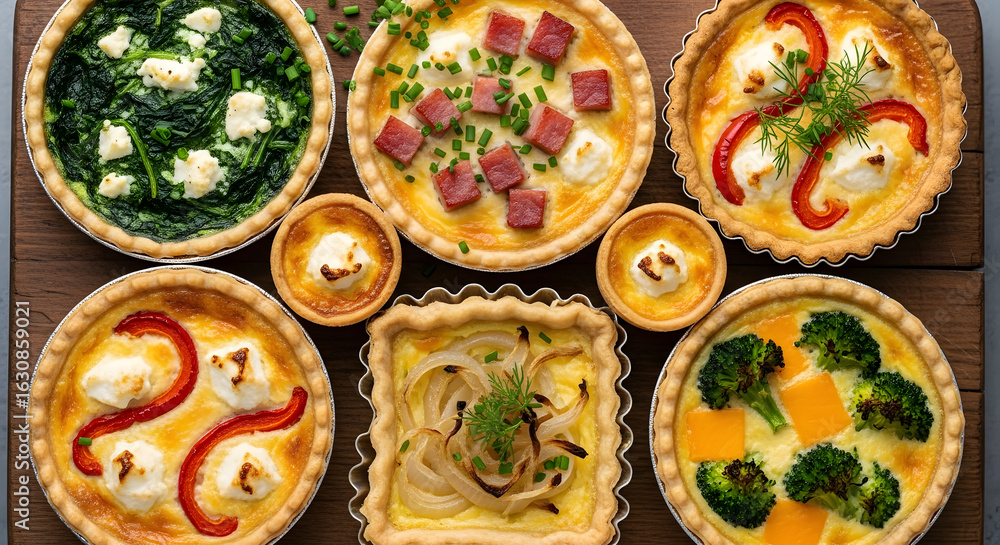 An overhead shot of a variety of savory tarts and quiches arranged on a wooden board, showcasing different fillings and crust shapes. An overhead shot of a variety of savory tarts and quiches arranged on a wooden board, showcasing different fillings and crust shapes.