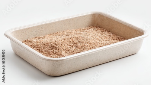 Beige litter box filled with light brown litter