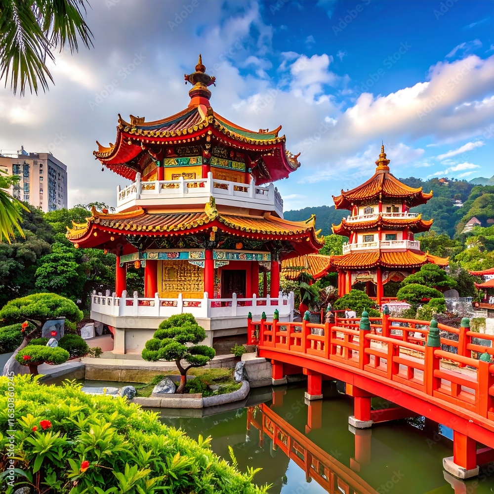 Fototapeta premium Asian temple complex by a serene pond