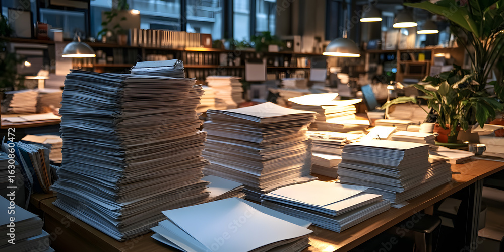 Obraz premium Office desk with large file piles.